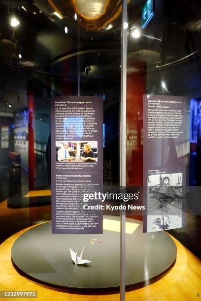 Photo taken on May 20 shows a paper crane made by U.S. President Barack Obama during his historic visit to Hiroshima in May 2016, on display in a war...