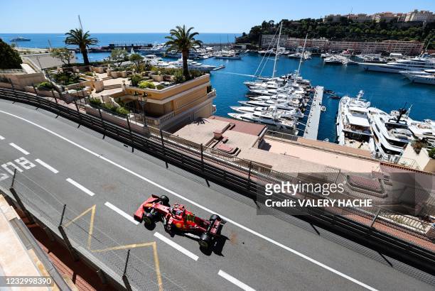 Ferrari's Monegasque driver Charles Leclerc drives during the first practice session at the Monaco street circuit in Monaco, on May 20 ahead of the...