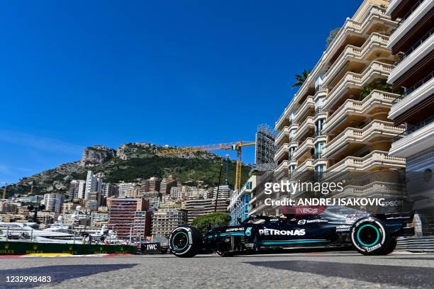 Mercedes' British driver Lewis Hamilton drives during the first practice session at the Monaco street circuit in Monaco, on May 20 ahead of the...