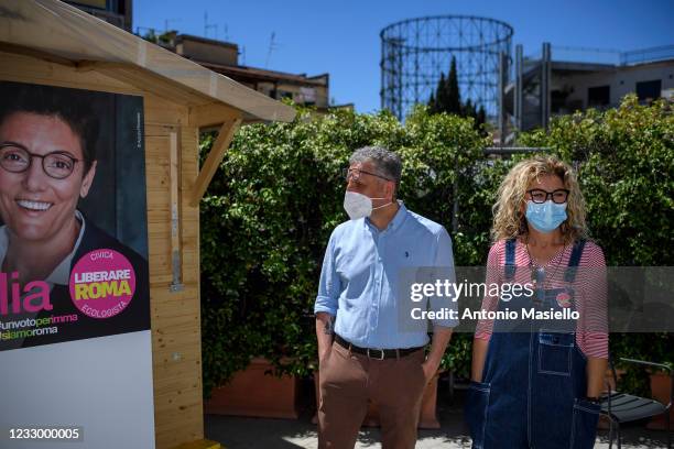 Massimiliano Smeriglio Member of the European Parliament and Italian actress Eva Grimaldi attend a press conference to present the candidacy for the...