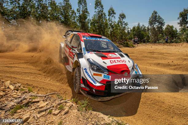 Elfyn Evans of Great Britain and Scott Martin of Great Britain compete with their Toyota Yaris WRC during the shakedown of the FIA World Rally...