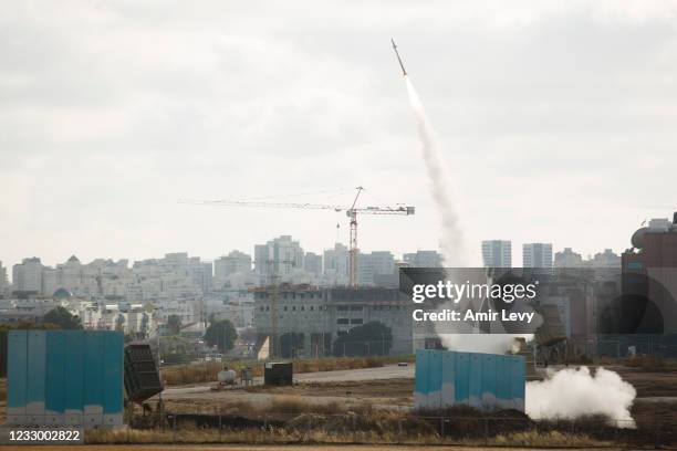 Israel's Iron Dome anti missle system launches to intercept a rocket on May 20, 2021 in Sderot, Israel. The Hamas-run health ministry in Gaza says...