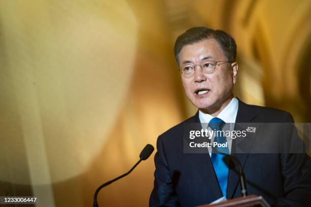South Korean President Moon Jae-in speaks with Speaker of the House Nancy Pelosi during a meeting on Capitol Hill on May 20, 2021 in Washington, DC....