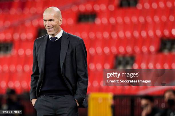 Coach Zinedine Zidane of Real Madrid during the La Liga Santander match between Granada v Real Madrid at the Estadio Nuevo Los Carmenes on May 13,...