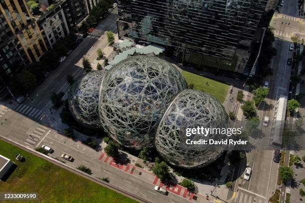 An aerial view of the Spheres at the Amazon.com Inc. Headquarters on May 20, 2021 in Seattle, Washington. Five women employees sued Amazon this week,...