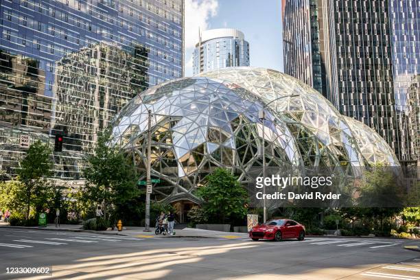 The exterior of The Spheres are seen at the Amazon.com Inc. Headquarters on May 20, 2021 in Seattle, Washington. Five women employees sued Amazon...