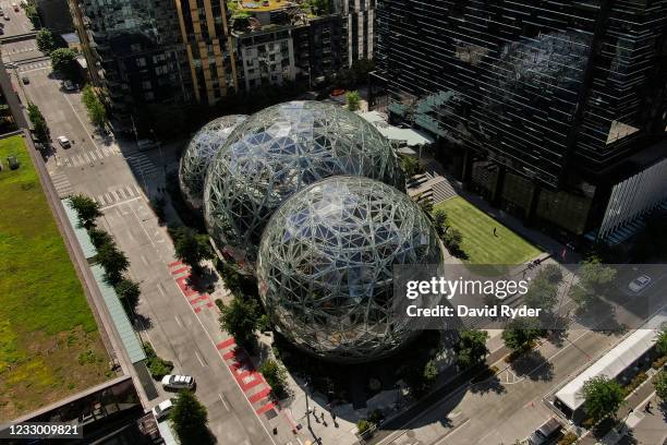 An aerial view of the Spheres at the Amazon.com Inc. Headquarters on May 20, 2021 in Seattle, Washington. Five women employees sued Amazon this week,...