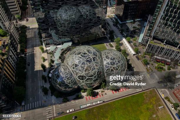 An aerial view of the Spheres at the Amazon.com Inc. Headquarters on May 20, 2021 in Seattle, Washington. Five women employees sued Amazon this week,...