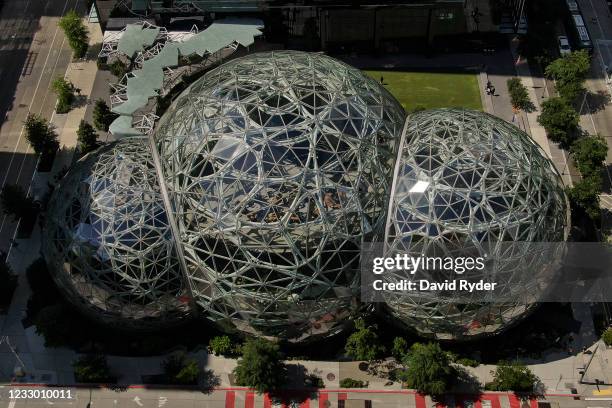 An aerial view of the Spheres at the Amazon.com Inc. Headquarters on May 20, 2021 in Seattle, Washington. Five women employees sued Amazon this week,...