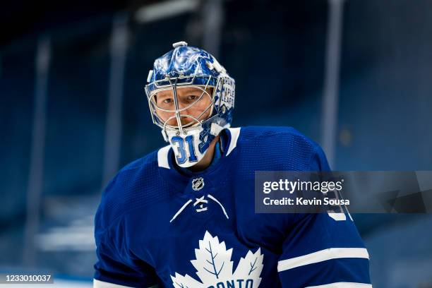 Frederik Andersen of the Toronto Maple Leafs warms up before facing the Montreal Canadiens in Game One of the First Round of the 2021 Stanley Cup...