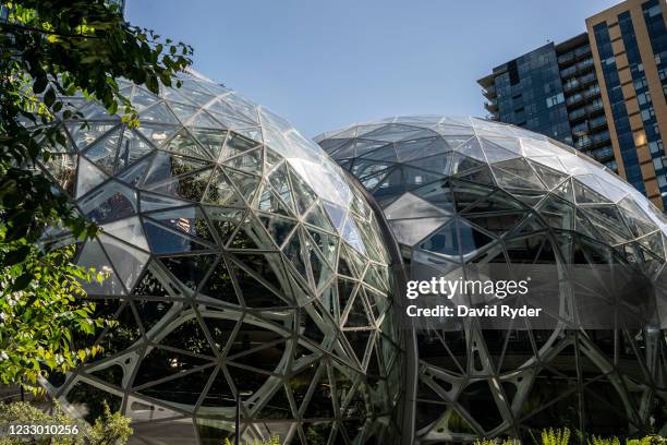 The exterior of The Spheres is seen at the Amazon.com Inc. Headquarters on May 20, 2021 in Seattle, Washington. Five women employees sued Amazon this...