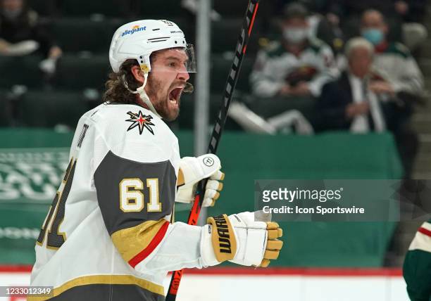 Vegas Golden Knights right wing Mark Stone celebrates his second period goal on Minnesota Wild goaltender Cam Talbot during game three of an NHL...