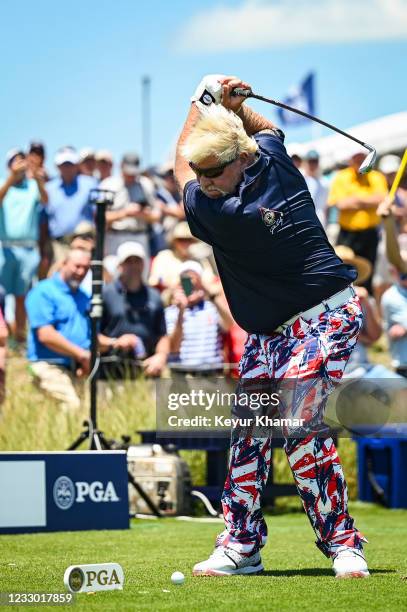 John Daly at the top of his backswing as he plays his shot from the 17th tee during the first round of the PGA Championship on The Ocean Course at...