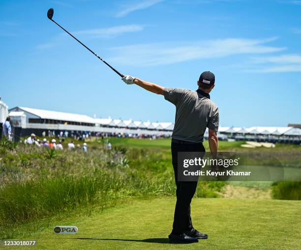 Jimmy Walker reacts fore left after playing his shot from the 18th tee during the first round of the PGA Championship on The Ocean Course at Kiawah...