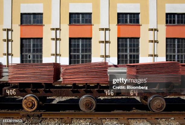 Newly-made copper cathode sheets are transported on wagons as they are moved from the electrolysis shop at the Uralelectromed Copper Refinery,...