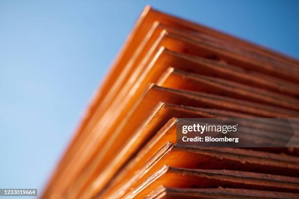 Newly-made copper cathode sheets stacked ahead of shipment at the Uralelectromed Copper Refinery, operated by Ural Mining and Metallurgical Co. , in...