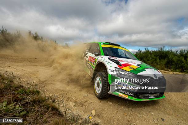 Marco Bulacia of Bolivia and Marcelo Ohannesian of Argentina compete in their Skoda Fabia EVO during the SS3 Arganil of the FIA World Rally...