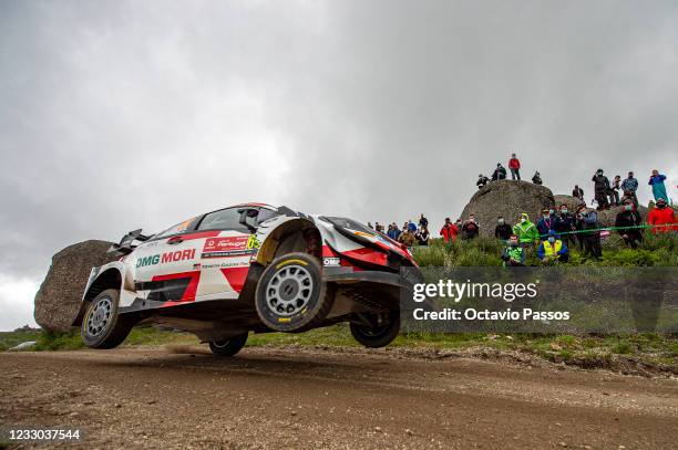 Kalle Rovanpera of Finland and Jonne Halttunen of Finland compete with their Toyota Yaris WRC during the SS9 Vieira do Minho of the FIA World Rally...