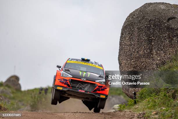 Oliver Solberg of Sweden and Aaron Johnston of Ireland compete in their Hyundai NG i20 during the SS9 Vieira do Minho of the FIA World Rally...