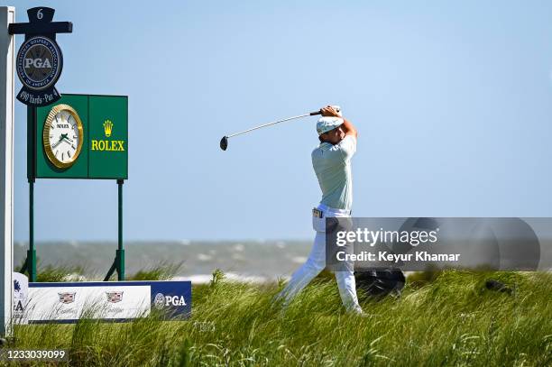 Bryson DeChambeau plays his shot from the sixth tee during the second round of the PGA Championship on The Ocean Course at Kiawah Island Golf Resort...