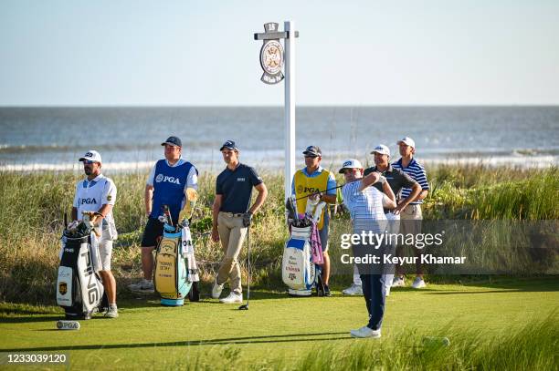 Louis Oosthuizen of South Africa plays his shot from the 18th tee during the second round of the PGA Championship on The Ocean Course at Kiawah...