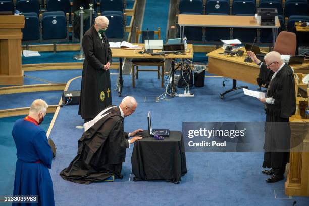 Jim Wallace, Lord Wallace of Tankerness is installed as Moderator of the Church of Scotland in the presence of Prince William, Earl of Strathearn,...