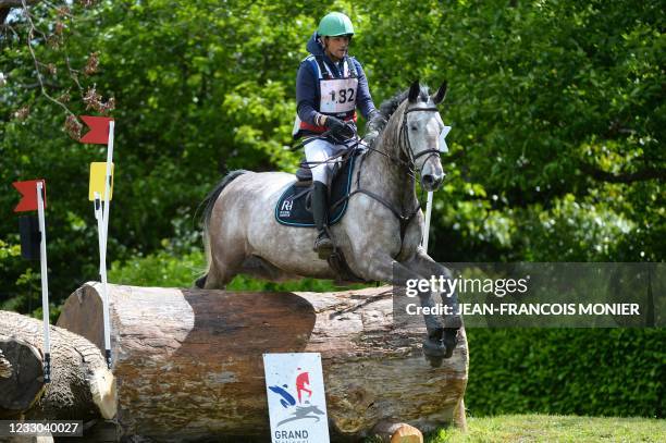 French's Nicolas Touzaint rides Diabolo Menthe, as he competes during the "Le Grand National du Lion d'Angers" - a preparatory event for the Tokyo...