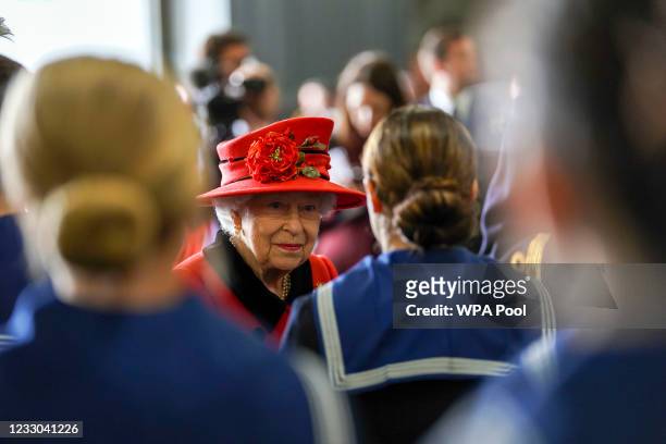 Queen Elizabeth II during a visit to HMS Queen Elizabeth at HM Naval Base ahead of the ship's maiden deployment on May 22, 2021 in Portsmouth,...