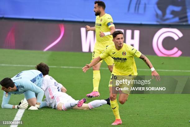Villarreal's Spanish forward Yeremi Pino celebrates after scoring during the Spanish league football match Real Madrid CF against Villarreal CF at...
