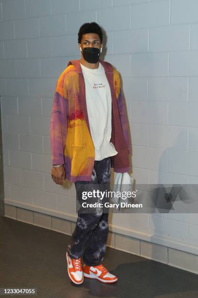 Axel Toupane of the Milwaukee Bucks arrives before the game against the Miami Heat during Round 1, Game 1 of the 2021 NBA playoffs on May 22, 2021 at...