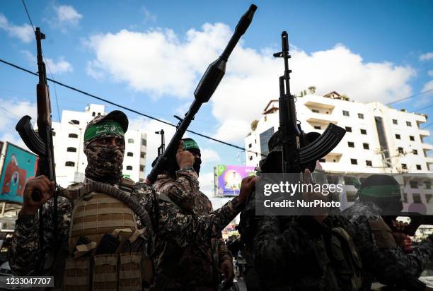 Palestinian Hamas militants take part in an anti-Israel rally in Gaza City May 22, 2021.
