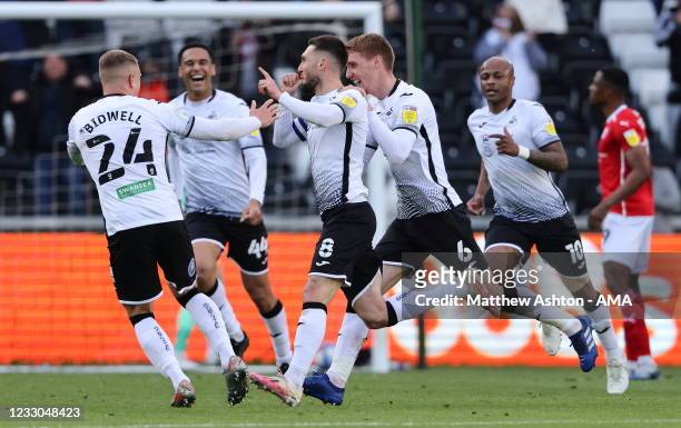 Matt Grimes of Swansea City celebrates after scoring a goal to make it 1-0 during the Sky Bet Championship Play-off Semi Final 2nd Leg match between...