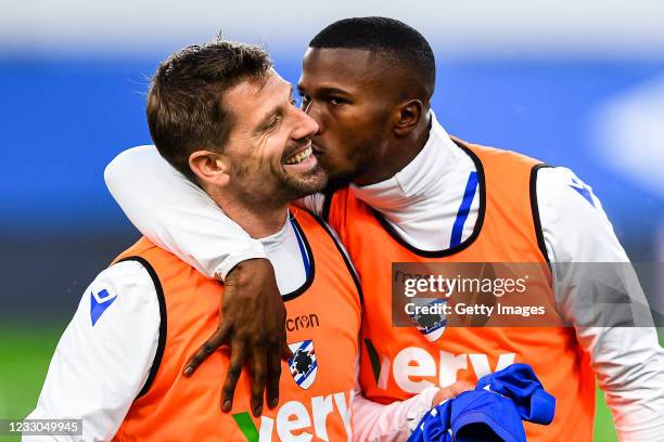 Keita Balde of Sampdoria kisses his team-mate Adrien Silva before the Serie A match between UC Sampdoria and Parma Calcio at Stadio Luigi Ferraris on...