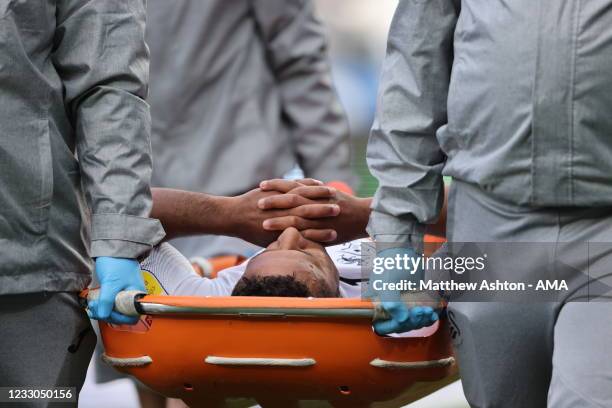 Wayne Routledge of Swansea City is stretchered off during the Sky Bet Championship Play-off Semi Final 2nd Leg match between Swansea City and...