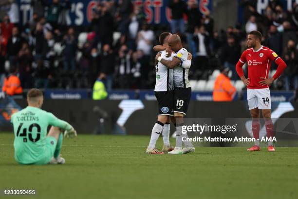 Kyle Naughton of Swansea City and Andre Ayew of Swansea City celebrate at full time the Sky Bet Championship Play-off Semi Final 2nd Leg match...