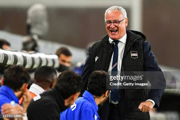 Claudio Ranieri head coach of Sampdoria laughs during the Serie A match between UC Sampdoria and Parma Calcio at Stadio Luigi Ferraris on May 22,...