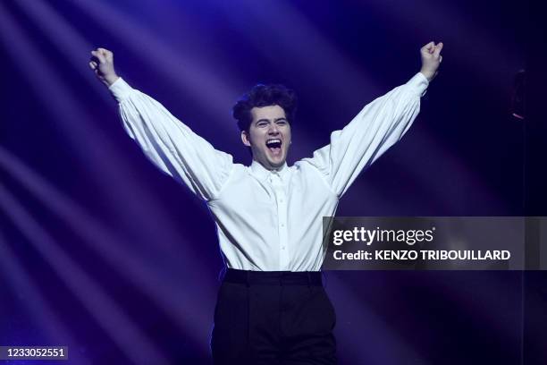 Switzerland's Gjon's Tears arrives on stage during the final of the 65th edition of the Eurovision Song Contest 2021, at the Ahoy convention centre...