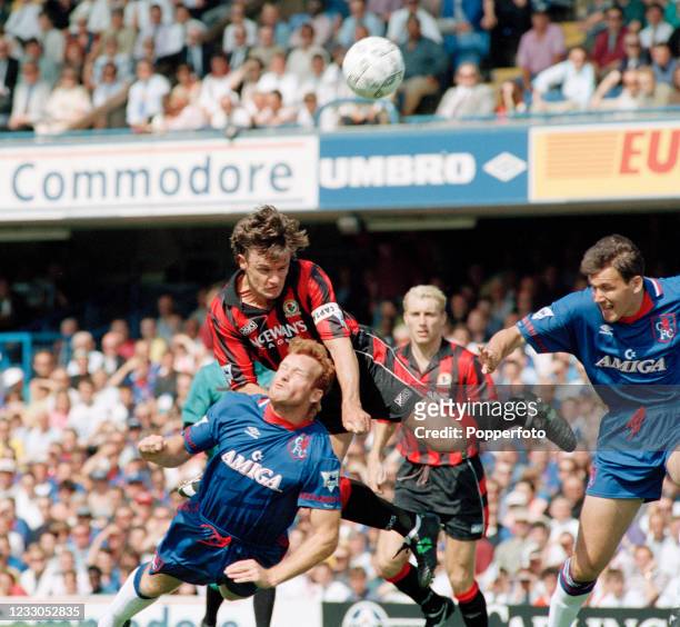 Kevin Moran of Blackburn Rovers rises above Erland Johnsen of Chelsea during an FA Carling Premiership match at Stamford Bridge on August 14, 1993 in...