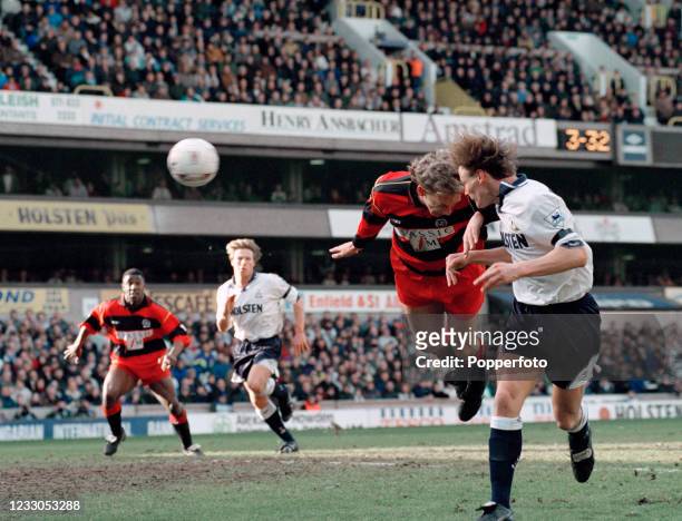 Teddy Sheringham of Tottenham Hotspur scores with a header during the FA Premier League match between Tottenham Hotspur and Queens Park Rangers at...