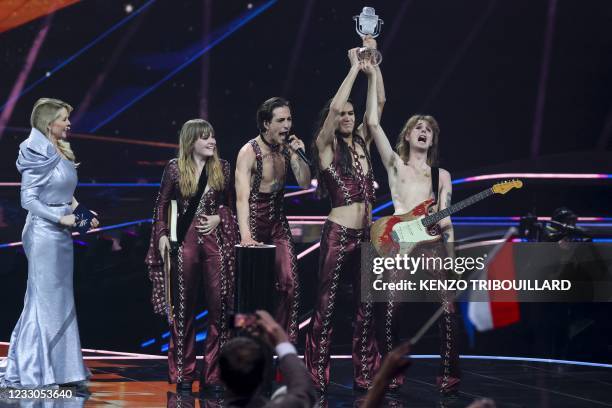 Italy's Maneskin celebrates after winning the final of the 65th edition of the Eurovision Song Contest 2021, at the Ahoy convention centre in...