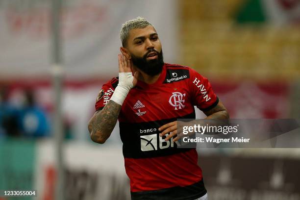 Gabriel Barbosa of Flamengo celebrate his goal during the second leg final of Campeonato Carioca 2021 between Flamengo and Fluminense at Maracana...