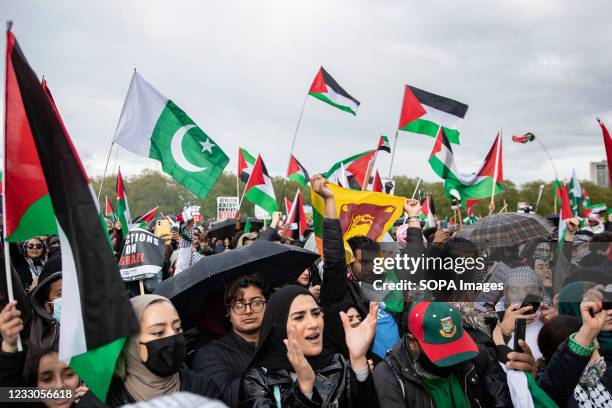 Palestinian supporters gathered at Hyde park listening to speeches, during a demonstration against state violence. Thousands of Palestinians and...