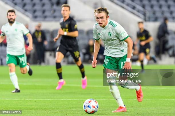 Sam Vines of Colorado Rapids controls the ball during the match at Banc of California Stadium on May 22, 2021 in Los Angeles, California. Los Angeles...