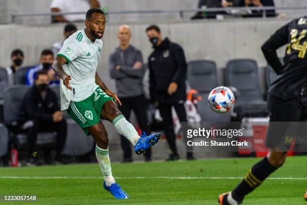 Kellyn Acosta of Colorado Rapids kicks the ball during the match against Los Angeles FC at Banc of California Stadium on May 22, 2021 in Los Angeles,...