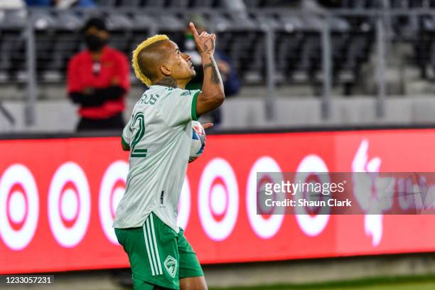 Michael Barrios of Colorado Rapids celebrates his goal during the match against Los Angeles FC at Banc of California Stadium on May 22, 2021 in Los...