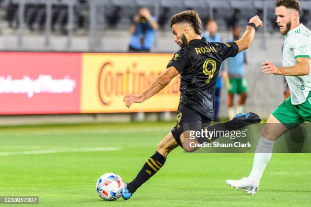 Diego Rossi of Los Angeles FC scores his second goal during the match against the Colorado Rapids at Banc of California Stadium on May 22, 2021 in...