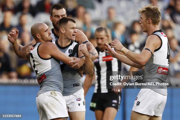 Robbie Gray of the Power celebrates a goal with Sam Powell-Pepper of the Power, Charlie Dixon of the Power and Todd Marshall of the Power during the...