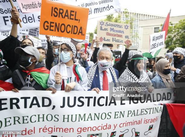 Palestinian Ambassador in Madrid Musa Odeh attends a march from US Embassy to Israeli Embassy in Madrid in support of Palestinians on May 23, 2021 in...