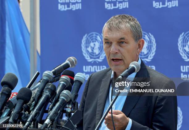 United Nations Relief and Works Agency for Palestine Refugees in the Near East Commissioner-General Philippe Lazzarini speaks during a press...
