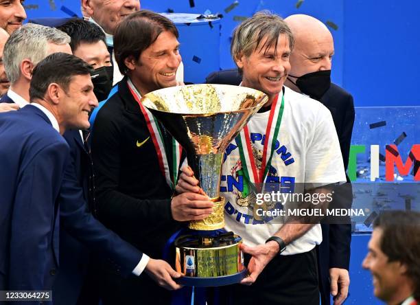 Inter Milan's Vice-President Javier Zanetti, Inter Milan's President Steven Zhang, Inter Milan's Italian coach Antonio Conte, Inter Milan's Sports...